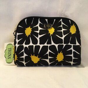 Trina Make Up Bag Clutch Cosmetic Purse Black Yellow Flowers Silver Metal Logo